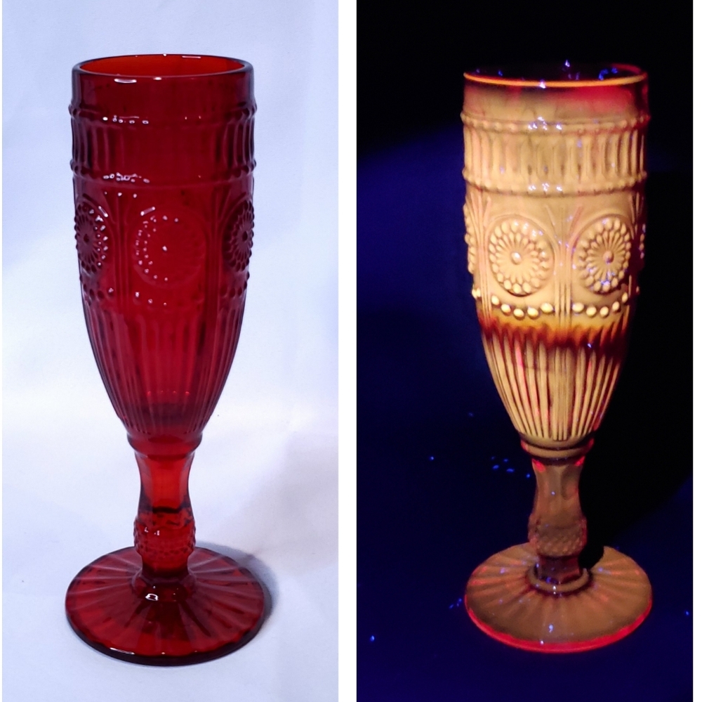 Pioneer Woman Ruby Red Adeline Flute Champagne Glass Glows Orange Under UV Light